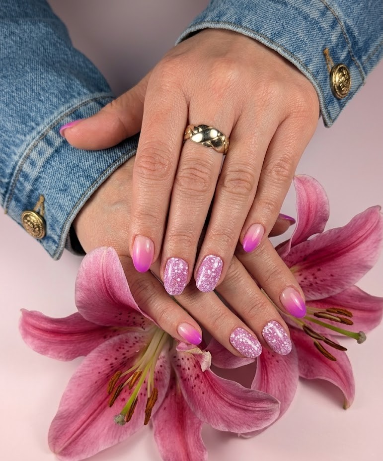 Coral gel nails with glitter accent by Body Of Princess Paula Szumacher in Bramford Ipswich